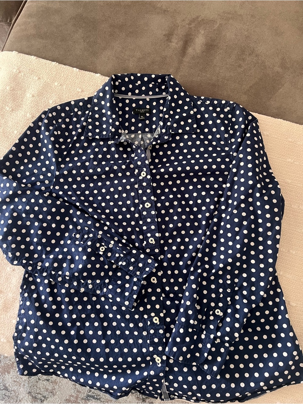 Talbots Navy and White Polka Dot Petite Blouse